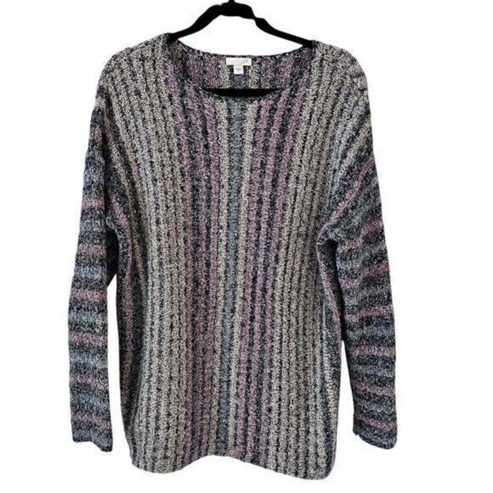 J. Jill Purple Blue Striped Cotton Scoop Neck Soft Pullover Sweater Size L